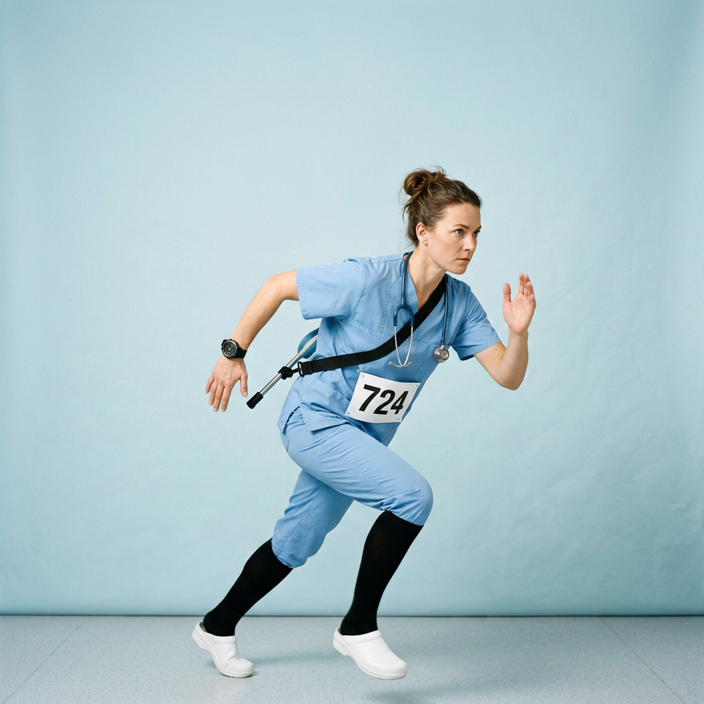 Infirmière en tenue de travail et chaussettes de compression, en mouvement